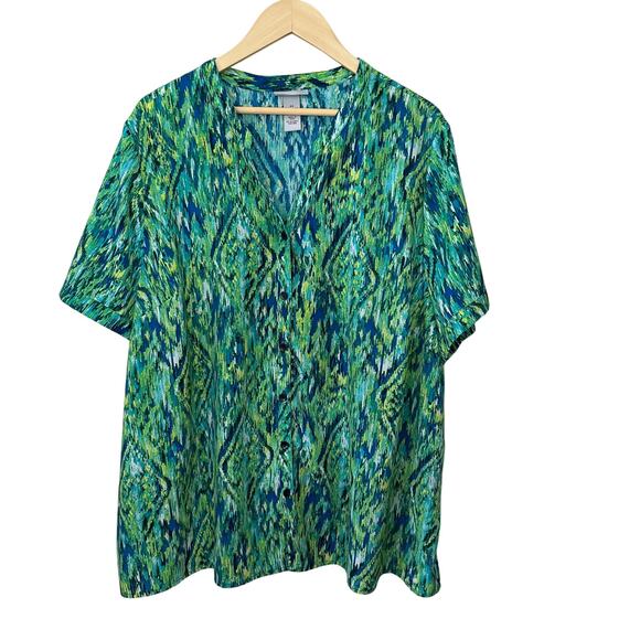 Catherines Button Up Shirt Womens 2X Top Green Yellow Blue Career Work‎ Office - Picture 1 of 5